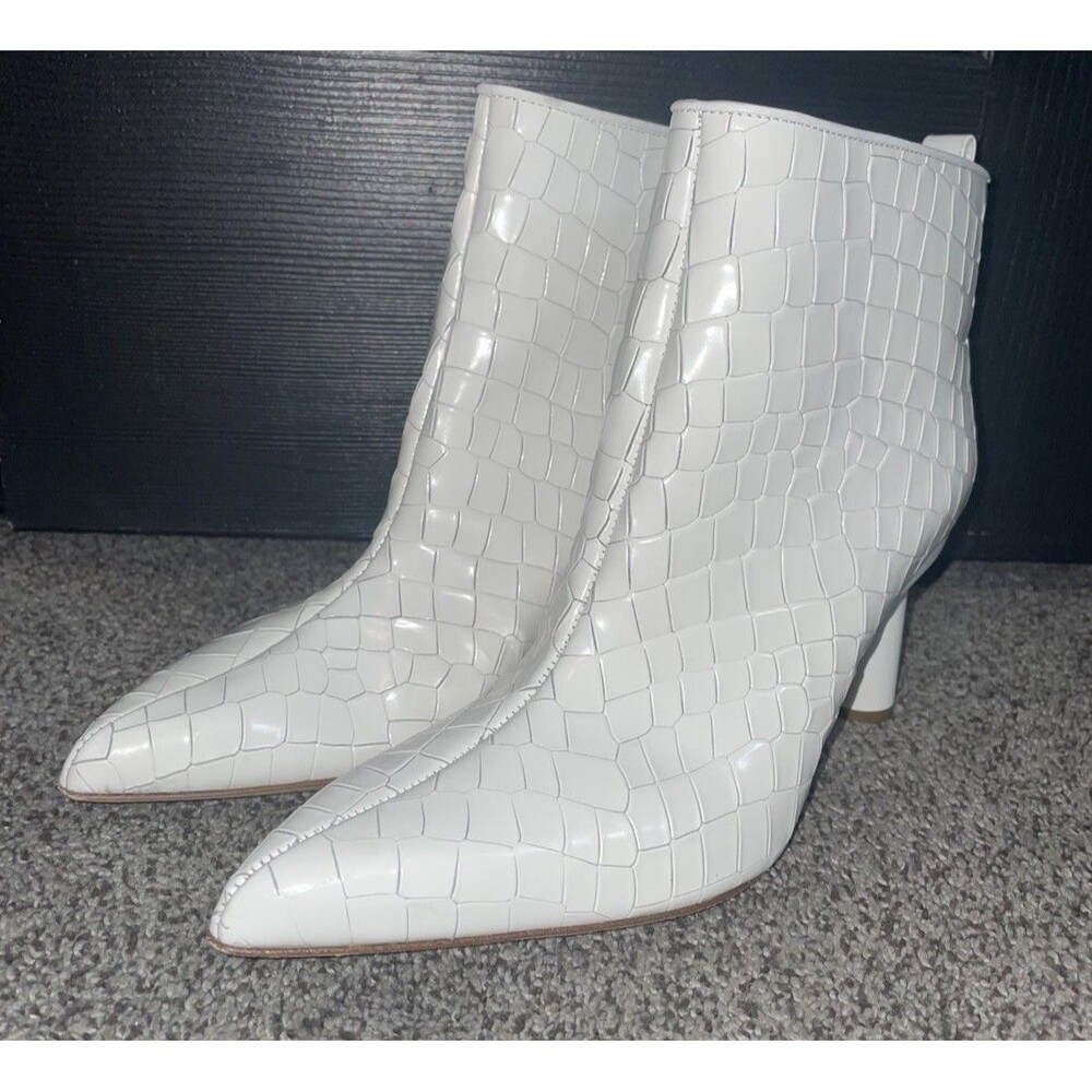 Tibi White Croc Embossed Ankle Boots 37.5 Pointed Toe Block Heel Leather